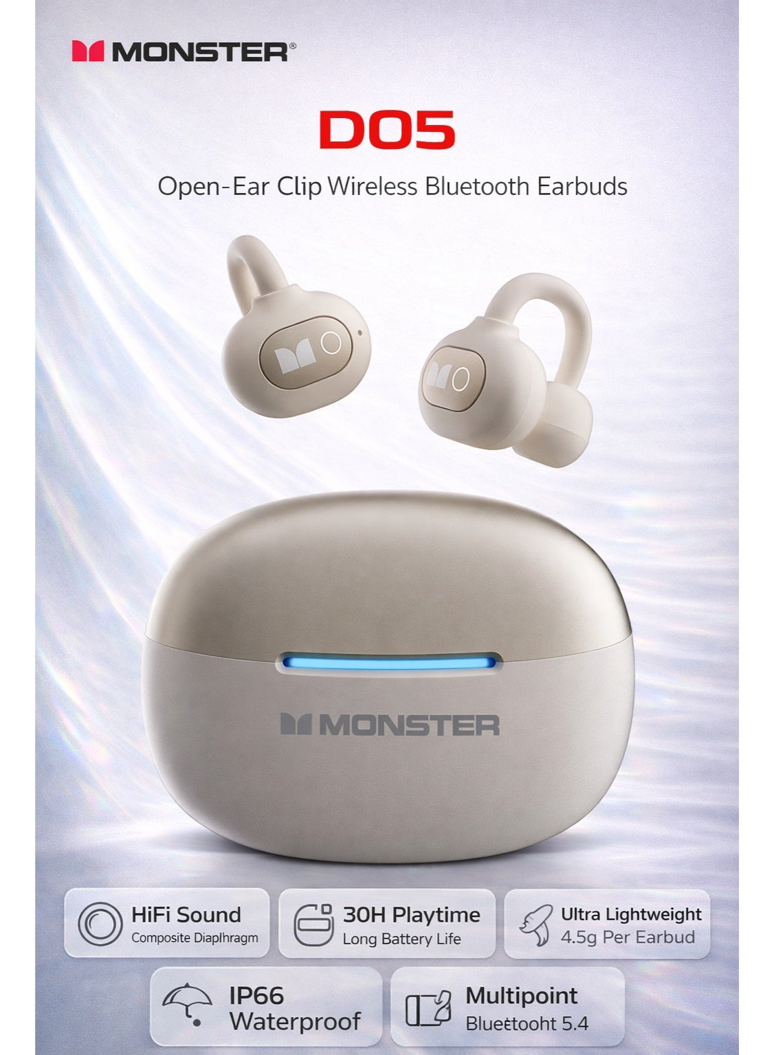 Monster D05 Open-Ear Clip Wireless Bluetooth Earbuds, HiFi Sound with Composite Diaphragm, Bluetooth 6.0, 30H Playtime, Ultra Lightweight 4.5g, IP66 Waterproof Sports Headphones for Running & Outdoor Use